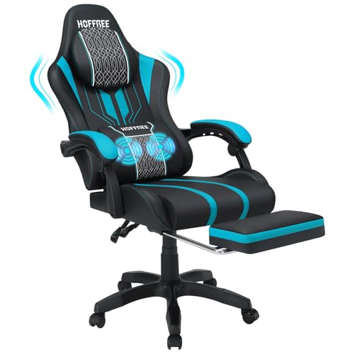 HOFFREE Gaming Chair Massage Big and Tall Video Game Chair for Adults 400lbs Computer Gaming Chair with Footrest for Heavy People Reclining Gaming Chairs Blue and Black