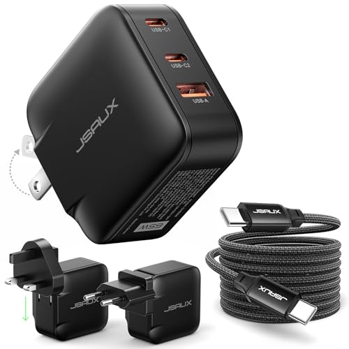 JSAUX 65W GaN USB C Wall Charger 3 Ports with Cable and EU/UK Travel Plug | 65W GaN Fast Charger with 3 Ports Foldable Plug 6.6 ft USB C Cable and UK/EU adapters for Compact Travel Charging