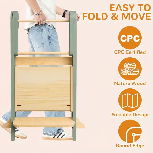Image of ROOMTEC Foldable Toddler Kitchen Tower, 3 Adjustable Height Wooden Step Stool, Toddler Standing Tower with Safety Net (Green)