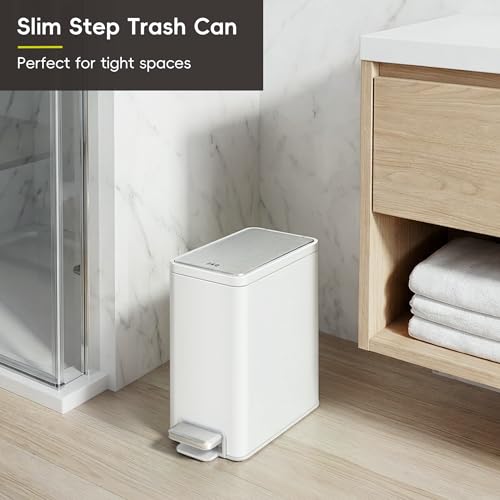 EKO Slim Small Bathroom Trash Can with Lid, Stainless Steel Small Garbage Can with Removable Inner Bucket, 6L / 1.6 Gal, Step On Trash Bin (White)