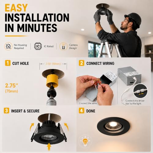 Omilora 3 Inch LED Recessed Light,Adjustable Canless Downlight,Black 6 Pack by Omilora - Used condition - Image 5