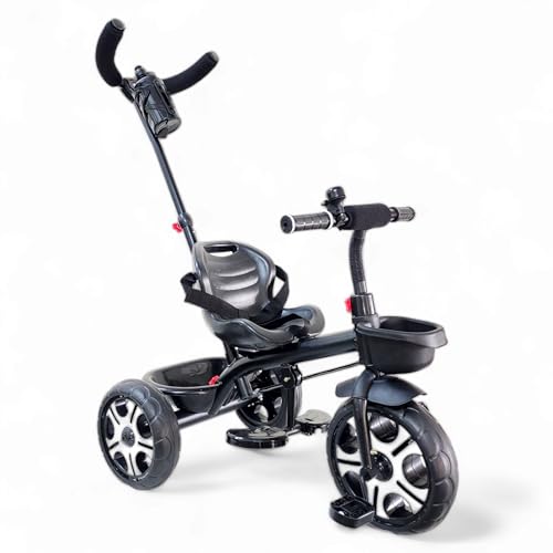Image of MEKASHI T-002MW Plug N Play Kids Trike /Baby Tricycle with Parental Control, Storage Basket, Bell, Water Bottle w /Holder, Seat Belt, 12 to 48 Months, Load Upto 35Kg, Heavy Guage Steel Frame, Black