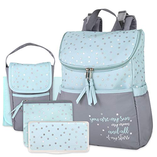 Image of Baby Essentials Diaper Bag Backpack 5 Piece Set with Sun, Moon, and Stars, Wipes Pocket, Stroller Straps, Dirty Diaper Pouch, Changing Pad (Grey/Blue Backpack)