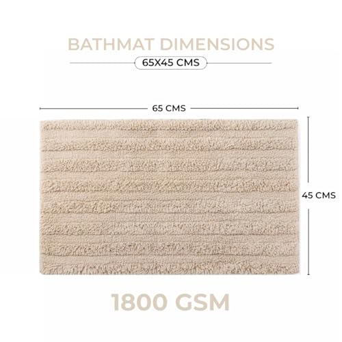 Image of Premium Combed Cotton Tufted Bathmat 45 x 65 cm, 1800 GSM Soft Absorbent Anti Skid Bathroom Floor Mat with Latex Backing, Quick Dry Non Slip Bath Rug for Shower & Daily Use, Stripes Beige