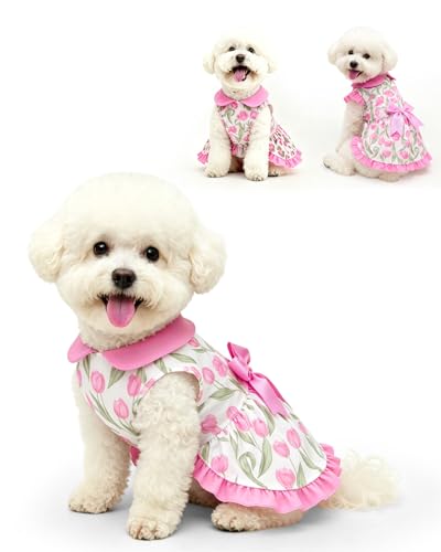 Image of CuteBone Spring Tulip Pet Dress with Peter Pan Collar - Pink Floral Pattern - Sleeveless Ruffled Skirt with Bow for Small Dogs, Cats - Garden & Casual Wear