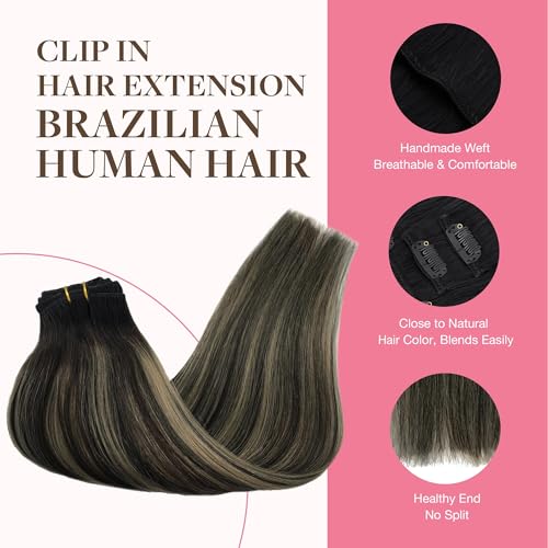 Image of GOO GOO Clip in Hair Extensions Real Human Hair, Remy Human Hair Extensions Clip ins for Women, Natural Human Hair, 22inch 150g 9Pcs, 1B /16 /1B Balayage Natural Black to Light Blonde