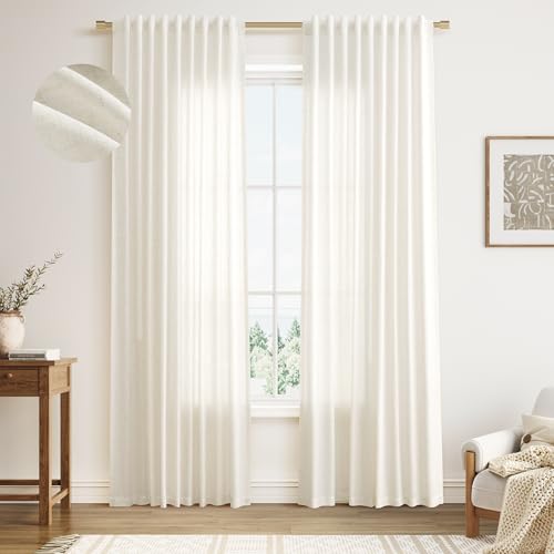 Nanspring Linen Curtains 84 Inches Long for Living Room 2 Panels Set Rod Pocket Back Tab Linen Drapes Semi Sheer Privacy Neutral Modern Farmhouse Window Curtain for Bedroom Natural Cream W52 x L84