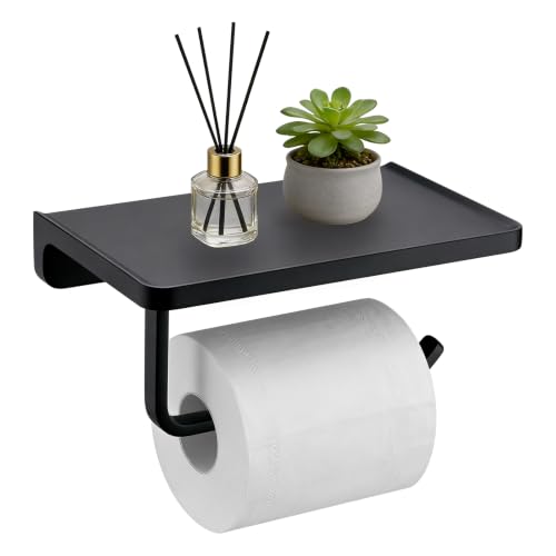 TRUSTMI Toilet Paper Holder with Shelf & Phone Stand, Matte Black