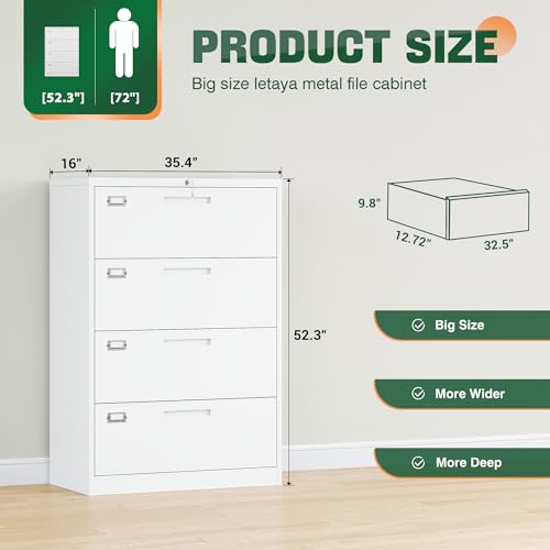 Image of Letaya 4 Drawer File Cabinet with Lock, Metal Lateral Filing Cabinet Wide Office Organization Storage for Home Office Hanging Letter /Legal /F4 /A4 (White-Requires Installation)