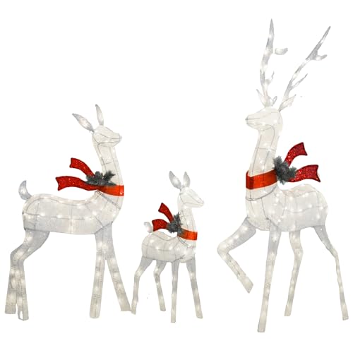 VELTENOVAIRE Outdoor Lighted Deer Family Decor 3-Piece Set 5ft Large Reindeer Christmas Holiday Lights with 210 Warm White LEDs 3D Design Cotton Twine & Iron Perfect for Lawn Yard Garden Party