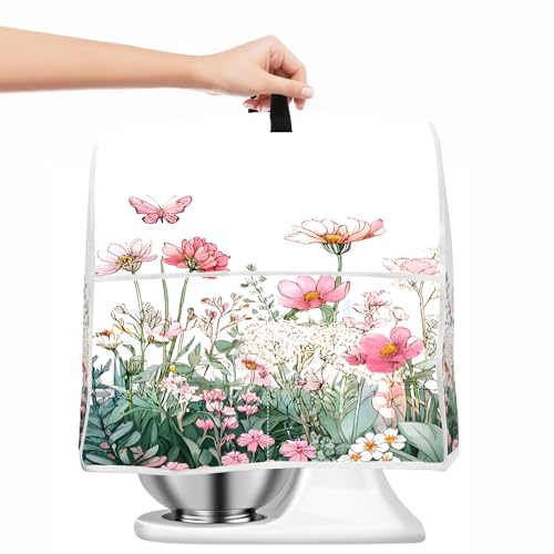 Image of Kitchen Dust Cover Compatible with 4.5 5 6 8 quart Stand Mixer, Kitchen Appliance Protective Covers with Top Handle and Pocket (Pink Wildflower Meadow, For All 6-8 qt Mixer)