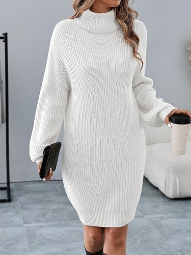 Image of Women's Turtleneck Textured Lantern Sleeve Ribbed Knit Mini Dress Pullover Oversized Sweater Dresses S-XL