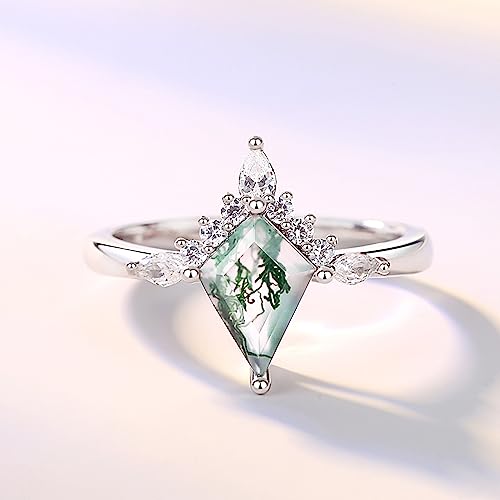 Personalized Promise Rings for Women, Custom Moss Agate Rings for Women, Engravable Promise Rings for Her, Engraving Engagement Ring with Kite Shaped Moss Stone, Plated with White Gold, Wedding Rings4