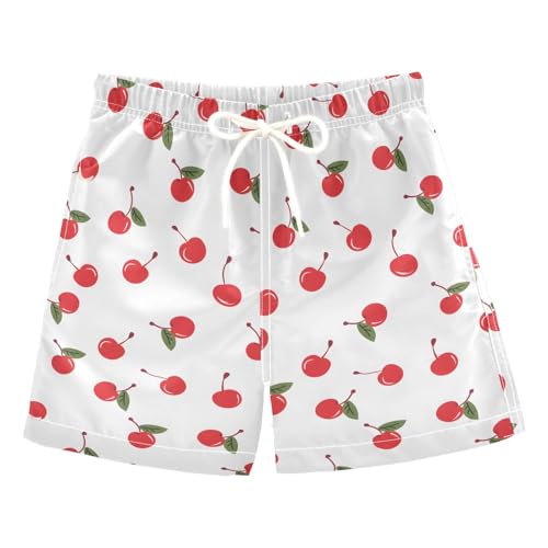 ALAZA Red Cherry Leaf White Boys Quick Dry Beach Board Shorts Kids Swim Trunks Bathing Suit Swimsuit 4T