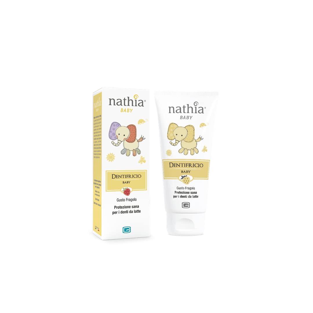 Dentifricio Baby, dentifricio in gel per l'igiene orale dei bambini. Protegge i denti da latte. Formula biologica e naturale. Privo di fluoro e coloranti. Al gusto fragola.
