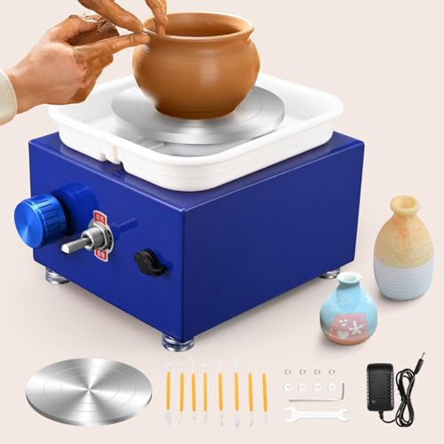 Torno Alfarero, Velocidad de 2000RPM Suave y Ajustable Torno Alfarero Hecho de Metal de Alta Calidad con Kit de Cerámica, Adecuado para Tiendas de Bricolaje de Cerámica y Aficionados (Azul Marino)