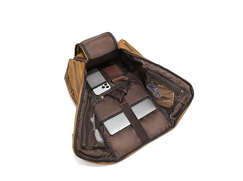 peacechaos Heavy-Duty Waxed Canvas Backpack for Men, 17 Inch Laptop Rucksack with Genuine Leather, Multi-Pocket Travel Bag for Work, Hiking, and Camping4