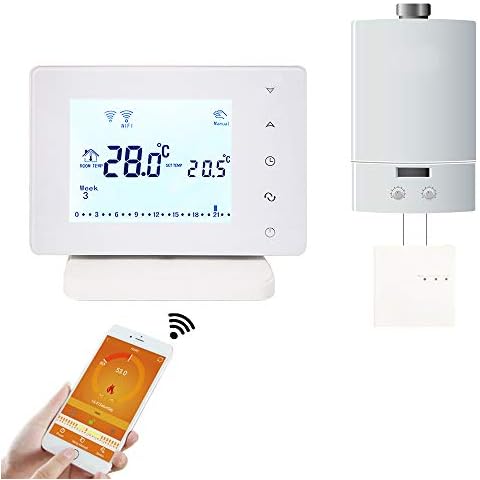 Beok Upgrade BOT306RF-WIFI Wireless Programable RF Room Thermostat with Large LCD Touchscreen Display for Gas Boiler Works with Google Assistant & Amazon Alexa, Powered by AC 200-240V Cover