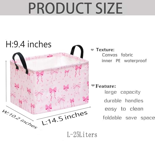Image of Gift Toy Storage Basket for Girls, Storage Organizer for Nursery Hamper Home Bedroom Laundry Hamper Shelf Baskets Pink Bowknot Pattern