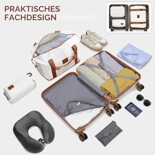 KONO Reisekoffer Set Gepäcksets 4 Teilig Kofferset, 55cm Handgepäck mit Beautycase Kosmetikkoffe mit handgepäck Reisetasche mit Kulturbeutel (Creme Weiß)