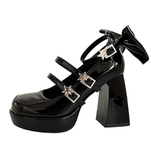 Coquette Star Emo Shoes Bow Heels Platform Mary Janes High Heels Women Goth Punk Leather Dressy Ankle Strap Round Closed Toes Chunky Kawaii Lolita Shoes Y2K Retro Trendy Cutecore Cosplay Streetwear