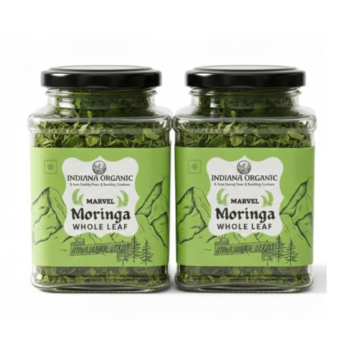 Image of Indiana Organic Moringa Whole Leaves Dry Leaf, Dried Drumstick Tree Leaves, Natural Super-Food - For Making Herbal Tea, Smoothies, Soups - 35 Gram (Pack of 2)