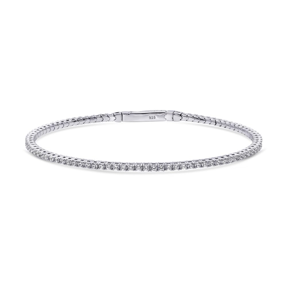 BERRICLE Sterling Silver Flexible Wedding Cubic Zirconia CZ Statement Bangle Bracelet for Women, Rhodium Plated