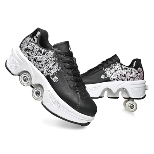 2-in-1 Roller Skates Double-Row Deform Wheel Roller Skating Automatic Walking Shoes Fitness Kick Roller (Hhua, 10 Women/9 Men)