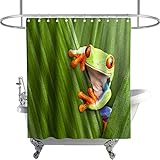 Kntiline Funny Animal Shower Curtain Red Eyed Tree Frog Hiding in Exotic Macro Leaf Theme Fabric Bat