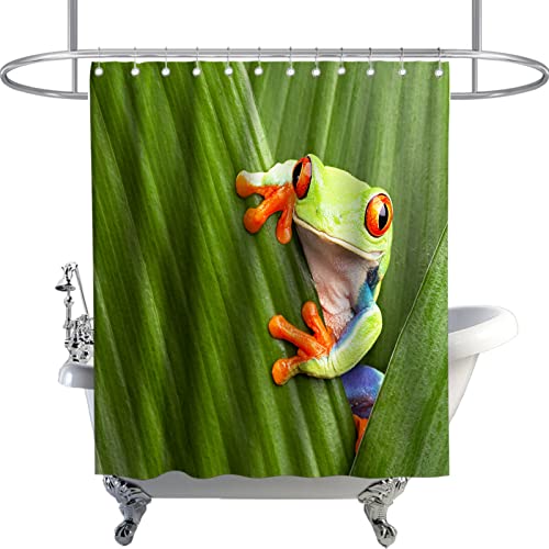 Kntiline Funny Animal Shower Curtain Red Eyed Tree Frog Hiding In Exotic Macro Leaf Theme Fabric Bathroom Decor Sets With Hooks Waterproof Washable 72W X 72H #TOP13