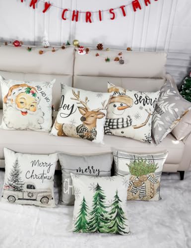 Image of multiwins Christmas Decorations Set of 4 Double-Sided Print Christmas Pillow Covers 16 inch x 16 inch, with 8 Cute Patterns, Throw Pillow Covers Perfect for Home Christmas Decor