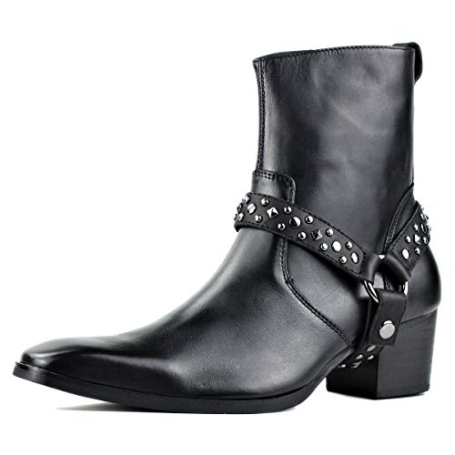 OSSTONE Men Chelsea Ankle Boots Leather Chukka Motorcycle Boots with Side Zipper Heel Retro Dress Boots JY002-Brown-M