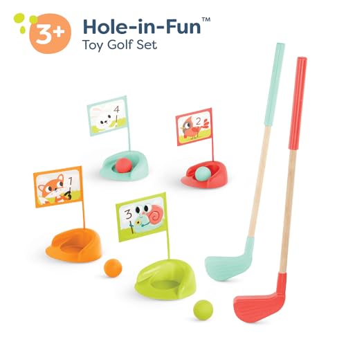 Image of B. toys Wooden, Hole-in-Fun with Storage Bag, 15-Piece, Summer | Toy with 2 clubs, 4 balls, 4 putting cups, 4 numbered animal flags, color-coded pieces, storage bag, 3+ Years