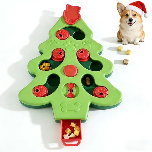 WellzBerry Pet Puzzle Feeder Toy – Interactive Slow Feeder Toy with Non-Slip Base, Mental Enrichment Game for Indoor Fun, Xmas-Themed Treat Dispenser (Green)