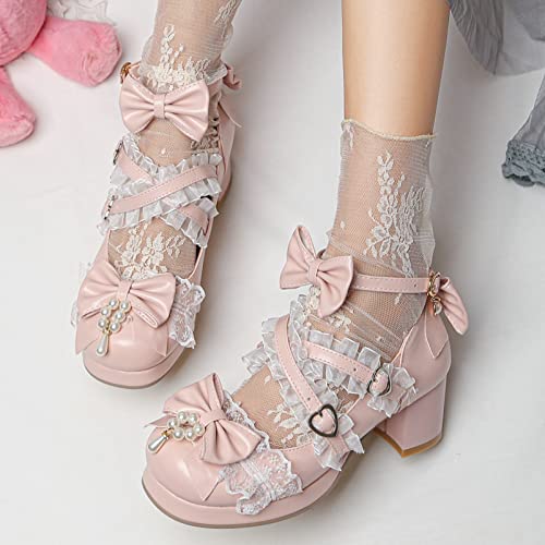 LUXMAX Women's Kawaii Shoes Cross Strap Pumps Cute Ankle Strap Mary Jane Shoes Wedding Lace Mid Chunky Heel Pumps