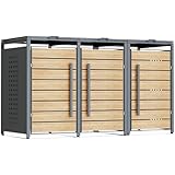 CHOSHOME Triple Wheelie Bin Storage, 240L Outdoor Garden Bin Hideaway in Weather-Resistant Powder-Coated Steel Anthracite with Oak Doors, Features Assisted Lifting Lid & Lock, 80D x 200W x 116H cm
