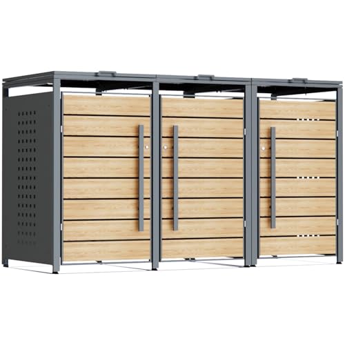 CHOSHOME Triple Wheelie Bin Storage, 240L Outdoor Garden Bin Hideaway in Weather-Resistant Powder-Coated Steel Anthracite with Oak Doors, Features Assisted Lifting Lid & Lock, 80D x 200W x 116H cm