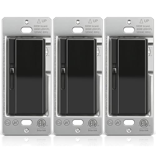 Image of BESTTEN 3 Pack Slide Dimmer Light Switch, Quiet Rocker, Super Slim Single Pole or 3 Way Dimmable Switch, Max 300W LED, CFL, 600W Incandescent, ETL Listed, Black
