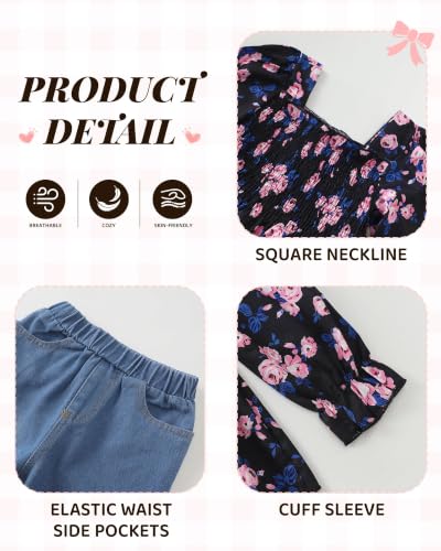 Image of Kucnuzki Toddler Kids Girl Clothes Long Sleeve Shirt Tops Baggy Jeans Cute Pants Set Baby Girl Outfit 2 Piece Clothing