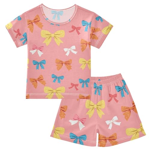 ALAZA Bow Cartoon Pajamas Set Short Sleeve Cotton Sleepwear Summer Pjs 2 Piece 5-14Y