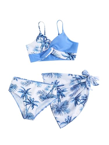 Milumia Girl's 3 Piece Swimsuit Floral Spaghetti Strap Bikini Set with Cover Up Skirt
