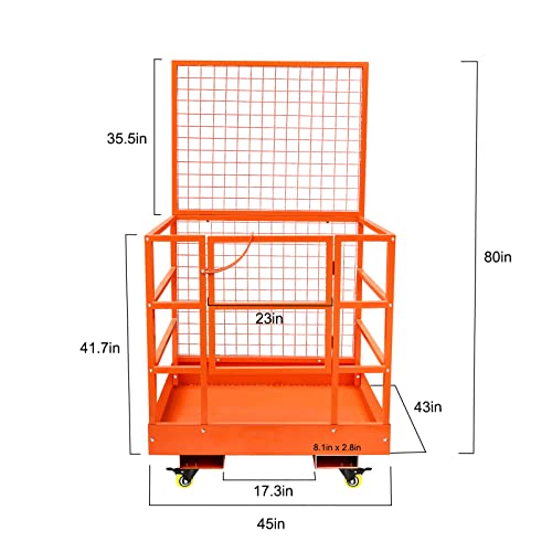 Industrial Forklift Safety Cage, Orange, Heavy Duty Steel, 45" x 43" x 41.7", 1300 lbs Capacity, Forklift Man Basket with Safety Belt and Locking Swivel Casters