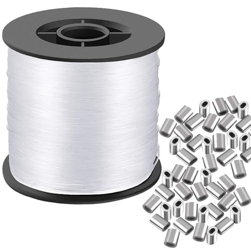 Fishing Wire, Strong Clear Picture Hanging Wire, Clear Nylon String Fishing Line, 0.8mm/200m Nylon Monofilament Fishings Wires, with 120 Aluminum Crimping Sleeves, Thick String Hanging Kit
