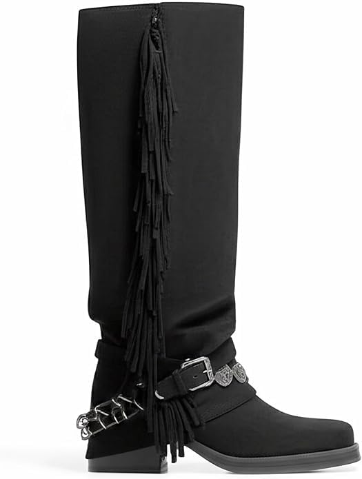 MAVMAX Fold Over Boots with Tassels Fringe Suede Cowboy Boots for Women Slouchy Mid Calf Riding Boot with