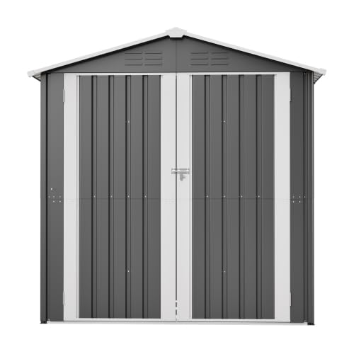 Caseta de jardín de metal gris 185 x 142 cm con base, cerradura y ventilación, cobertizo de acero resistente a la intemperie para almacenamiento