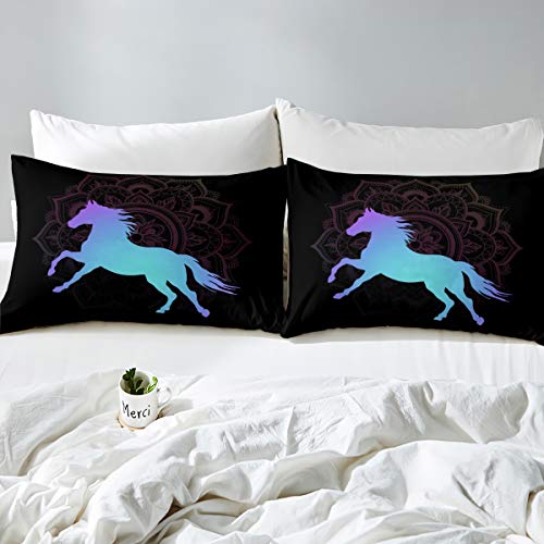 Loussiesd Horse Bedding Set for Kids Girls Boys Boho Mandala Galloping Horse Bedding & Linen Chic Bohemian Exotic Floral Duvet Cover Wildlife Steed Bedspread Cover Single Size 2Pcs - Image 2