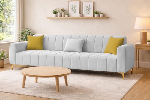 Image of Casaliving Velour Modern Velvet Sofa, Tufted Design Upholstered 3 Seater Sofa Set for Living Room, (Grey Colour) Premium Velvet Fabric Sofa | Easy to Clean