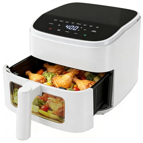NEWBULIG Air Fryer，4QT Small AirFryer with Easy View Window and Interior Light, Digital Touchscreen with 8 Presets for Custom Cooking, Nonstick and Dishwasher Safe Basket, White