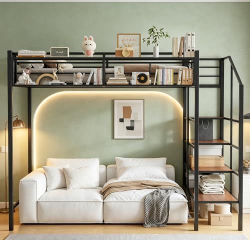 Image of Bellemave Twin loft Bed with Storage Stairs and Upper Grid Storage Shelf, Metal Twin Loft Bed Frame for Adults, Kids, Teens, Black