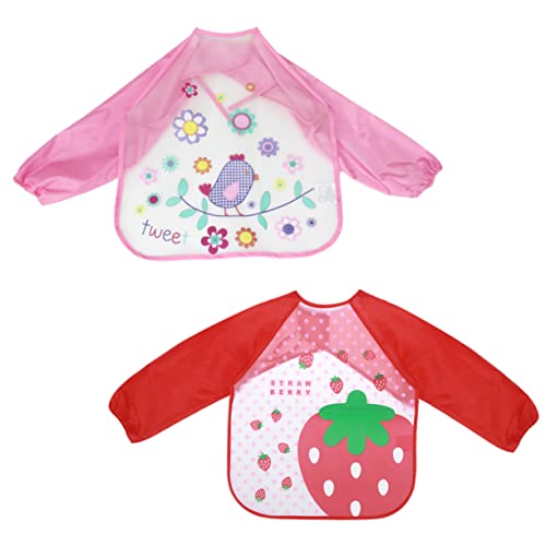 Milisten 2Piezas Delantales De Impermeables Para Bebés De Ropa De Dibujo Fresa Roja y Pájaro Rosa Para Delantales De Pintura Para Manualidades y Actividades Artísticas